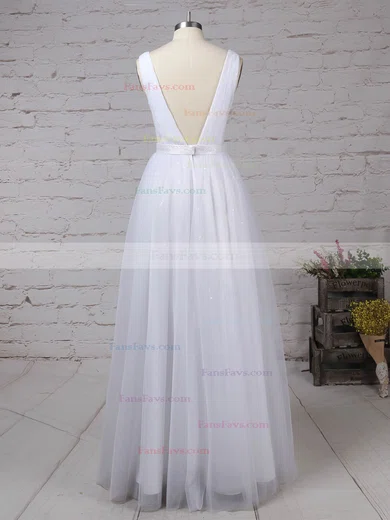 A-line V-neck Tulle Floor-length Sashes / Ribbons Prom Dresses #Favs020105079