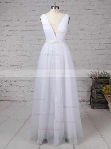 A-line V-neck Tulle Floor-length Sashes / Ribbons Prom Dresses #Favs020105079