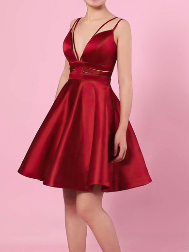 A-line V-neck Satin Short/Mini Pockets Prom Dresses #Favs020105080