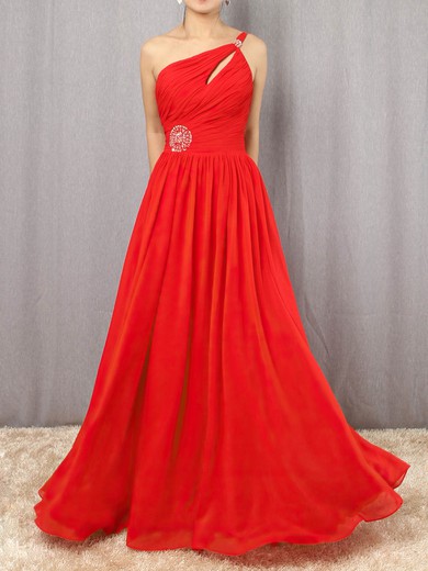 A-line One Shoulder Chiffon Floor-length Beading Prom Dresses #Favs020105090
