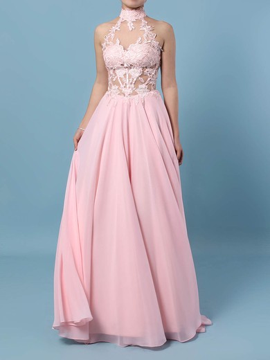 A-line High Neck Chiffon Floor-length Appliques Lace Prom Dresses #Favs020105092
