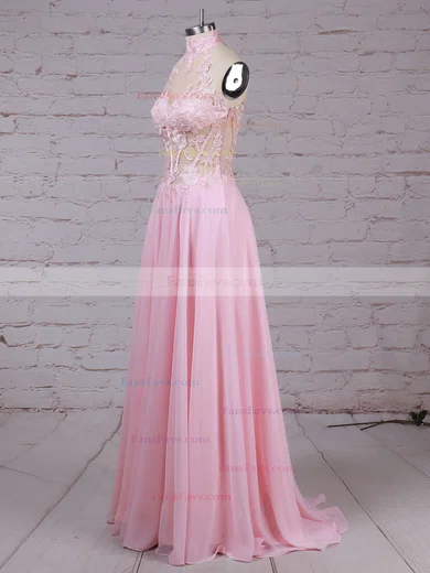 A-line High Neck Chiffon Floor-length Appliques Lace Prom Dresses #Favs020105092