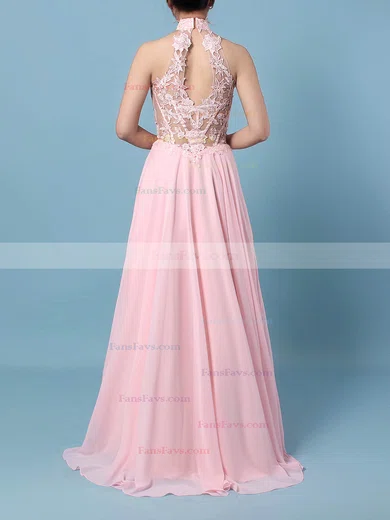 A-line High Neck Chiffon Floor-length Appliques Lace Prom Dresses #Favs020105092