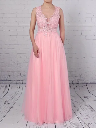 A-line V-neck Tulle Floor-length Beading Prom Dresses #Favs020105093