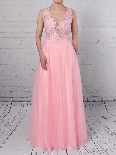 A-line V-neck Tulle Floor-length Beading Prom Dresses #Favs020105093