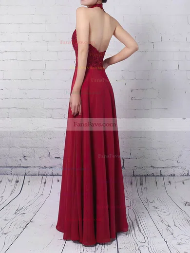 A-line Halter Chiffon Floor-length Appliques Lace Prom Dresses #Favs020105094