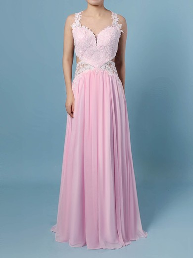 A-line V-neck Chiffon Floor-length Appliques Lace Prom Dresses #Favs020105095