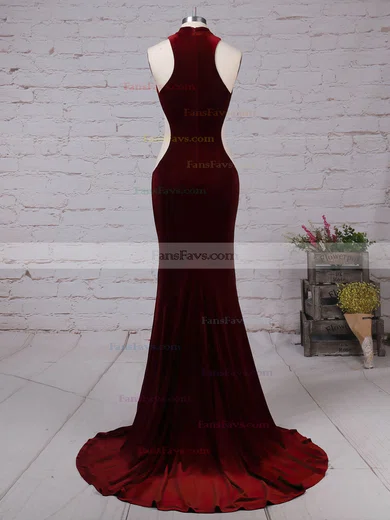 Trumpet/Mermaid High Neck Velvet Sweep Train Prom Dresses #Favs020105098