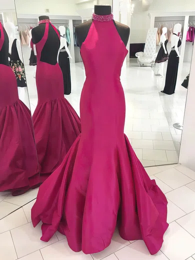 Trumpet/Mermaid High Neck Taffeta Sweep Train Beading Prom Dresses #Favs020105105