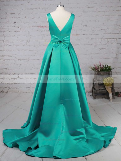 Princess V-neck Satin Sweep Train Bow Prom Dresses #Favs020105106