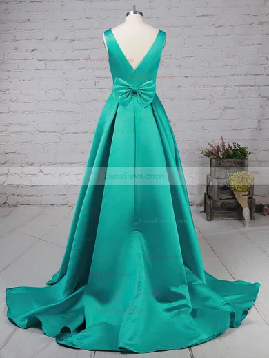 Princess V-neck Satin Sweep Train Bow Prom Dresses #Favs020105106