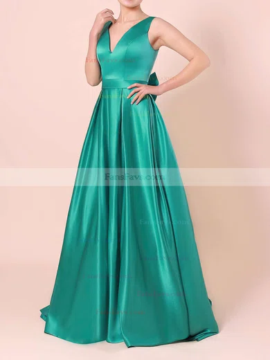 Princess V-neck Satin Sweep Train Bow Prom Dresses #Favs020105106
