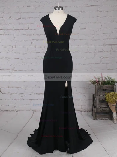 Trumpet/Mermaid V-neck Jersey Sweep Train Split Front Prom Dresses #Favs020105113