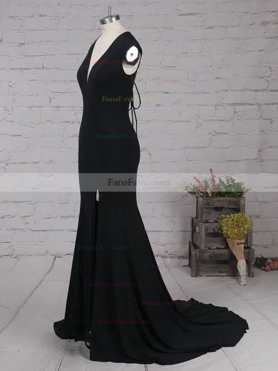 Trumpet/Mermaid V-neck Jersey Sweep Train Split Front Prom Dresses #Favs020105113