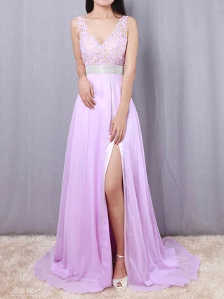 A-line V-neck Chiffon Floor-length Beading Prom Dresses #Favs020105118