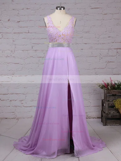 A-line V-neck Chiffon Floor-length Beading Prom Dresses #Favs020105118