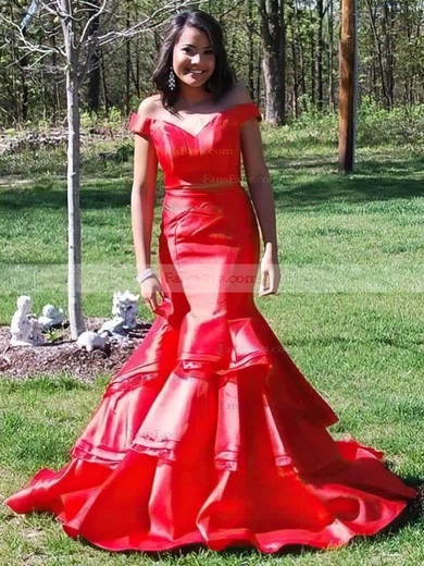 Trumpet/Mermaid Off-the-shoulder Satin Organza Sweep Train Tiered Prom Dresses #Favs020105124