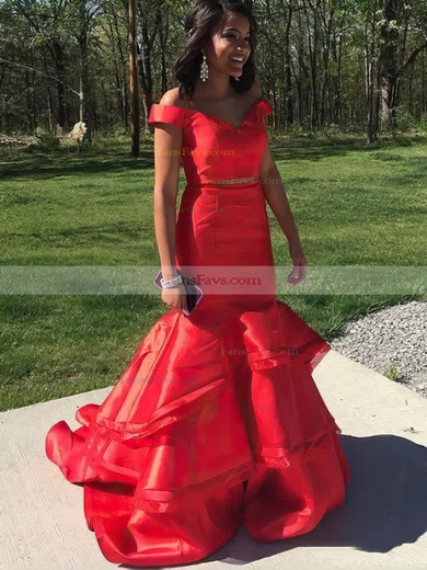 Trumpet/Mermaid Off-the-shoulder Satin Organza Sweep Train Tiered Prom Dresses #Favs020105124