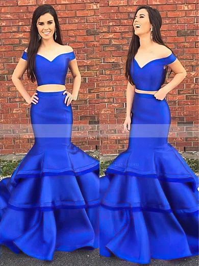 Trumpet/Mermaid Off-the-shoulder Satin Organza Sweep Train Tiered Prom Dresses #Favs020105124