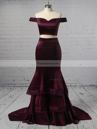 Trumpet/Mermaid Off-the-shoulder Satin Organza Sweep Train Tiered Prom Dresses #Favs020105124