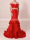 Trumpet/Mermaid Off-the-shoulder Satin Organza Sweep Train Tiered Prom Dresses #Favs020105124