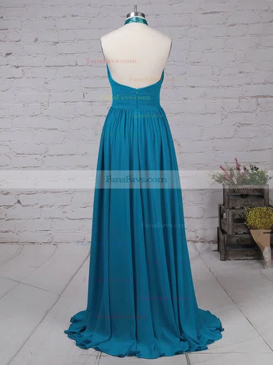 A-line Halter Chiffon Sweep Train Ruffles Prom Dresses #Favs020105130