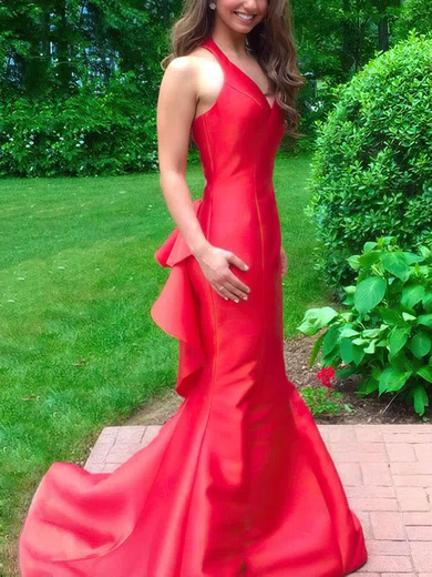 Trumpet/Mermaid V-neck Satin Sweep Train Ruffles Prom Dresses #Favs020105135
