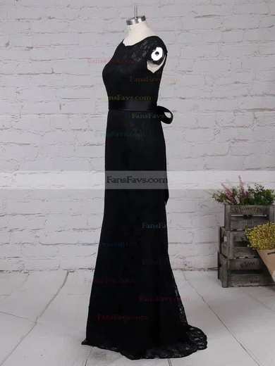 Sheath/Column Scoop Neck Lace Floor-length Sashes / Ribbons Prom Dresses #Favs020105828