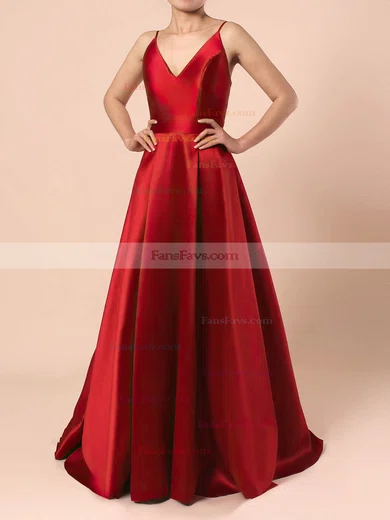 Princess V-neck Satin Sweep Train Prom Dresses #Favs020105830