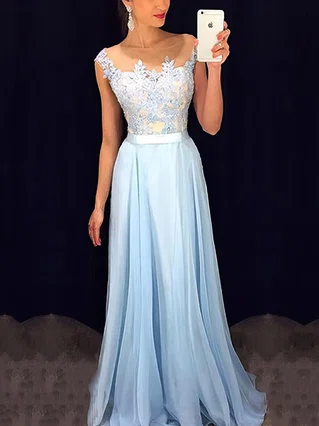 A-line Scoop Neck Chiffon Floor-length Appliques Lace Prom Dresses #Favs020101989 A-line Scoop Neck Chiffon Floor-length Appliques Lace Prom Dresses #Favs020101989