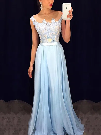 A-line Scoop Neck Chiffon Floor-length Appliques Lace Prom Dresses #Favs020101989