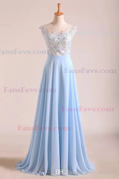 A-line Scoop Neck Chiffon Floor-length Appliques Lace Prom Dresses #Favs020101989