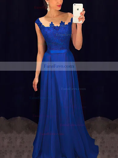 A-line Scoop Neck Chiffon Floor-length Appliques Lace Prom Dresses #Favs020101989