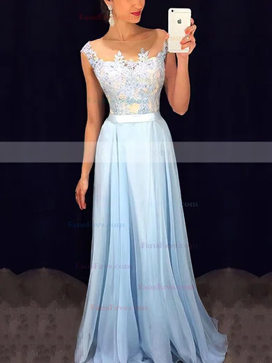 A-line Scoop Neck Chiffon Floor-length Appliques Lace Prom Dresses #Favs020101989