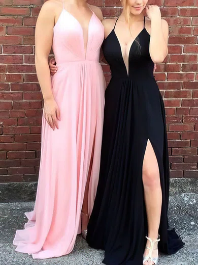 A-line V-neck Chiffon Floor-length Split Front Prom Dresses #Favs020105837