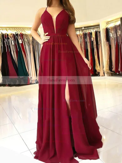 A-line V-neck Chiffon Floor-length Split Front Prom Dresses #Favs020105837