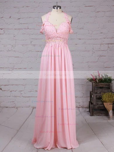 A-line V-neck Chiffon Floor-length Beading Prom Dresses #Favs020105842