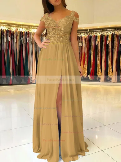 A-line V-neck Chiffon Floor-length Beading Prom Dresses #Favs020105842