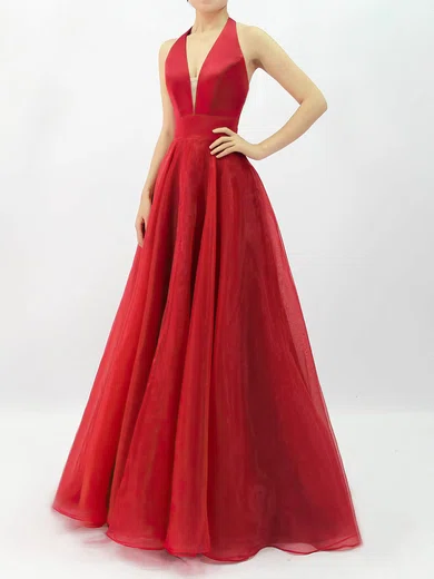 Princess Halter Satin Organza Sweep Train Prom Dresses #Favs020105847
