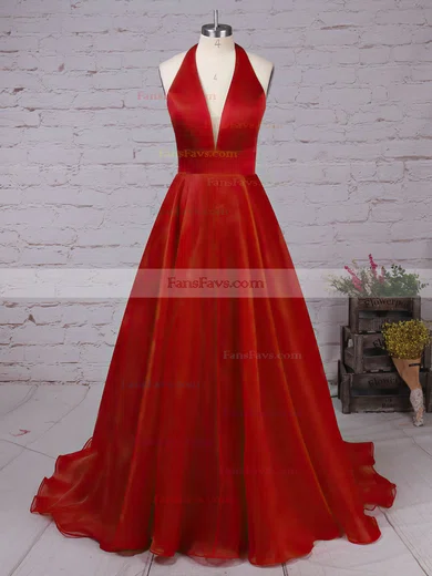 Princess Halter Satin Organza Sweep Train Prom Dresses #Favs020105847