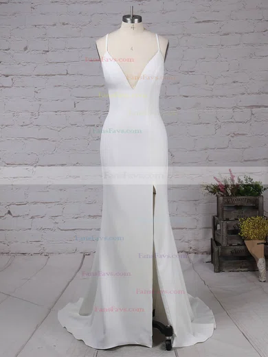 Sheath/Column V-neck Stretch Crepe Sweep Train Split Front Prom Dresses #Favs020105856