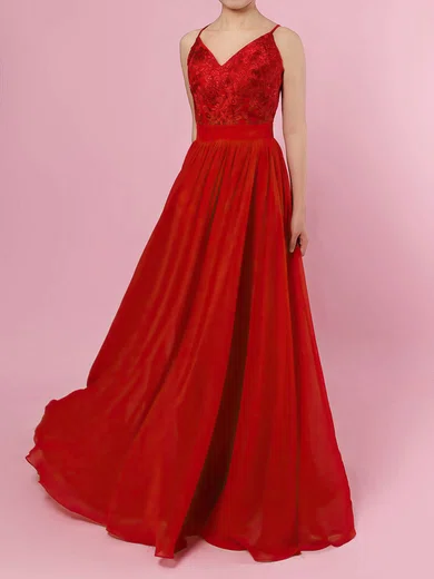 A-line V-neck Chiffon Floor-length Beading Prom Dresses #Favs020105860