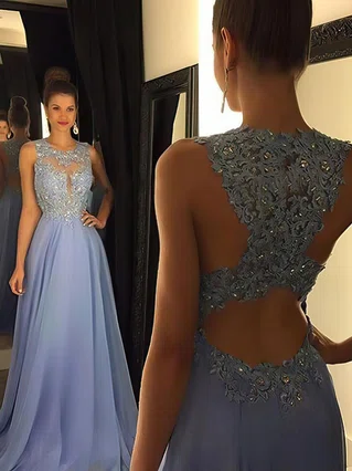 A-line Scoop Neck Chiffon Sweep Train Beading Prom Dresses #Favs020102055 A-line Scoop Neck Chiffon Sweep Train Beading Prom Dresses #Favs020102055