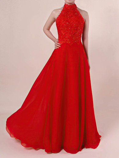 A-line High Neck Lace Chiffon Floor-length Beading Prom Dresses #Favs020105863
