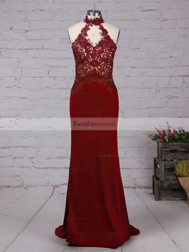 Sheath/Column High Neck Jersey Floor-length Beading Prom Dresses #Favs020105864