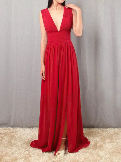 A-line V-neck Chiffon Floor-length Ruffles Prom Dresses #Favs020105865