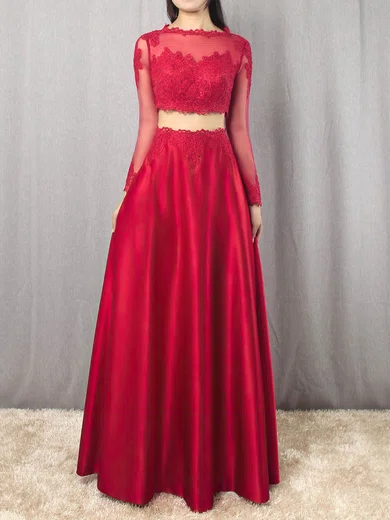 A-line Scoop Neck Satin Floor-length Appliques Lace Prom Dresses #Favs020105879