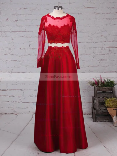 A-line Scoop Neck Satin Floor-length Appliques Lace Prom Dresses #Favs020105879