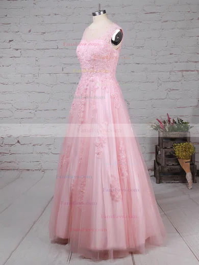 Princess Scoop Neck Tulle Floor-length Appliques Lace Prom Dresses #Favs020105893