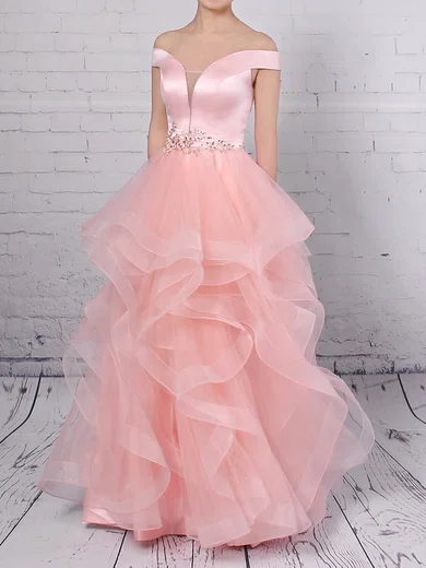 Ball Gown Off-the-shoulder Satin Organza Floor-length Beading Prom Dresses #Favs020105909